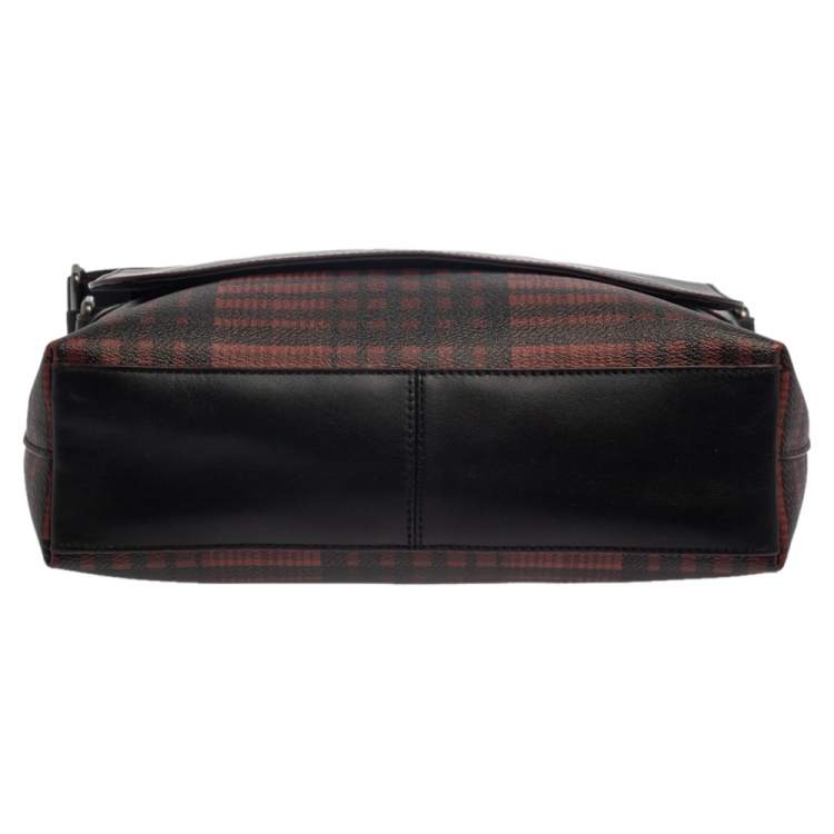 Pre Owned Coach Black/Red Plaid Print Coated Canvas and Leather Charles Messenger Bag