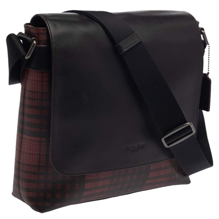 Pre Owned Coach Black/Red Plaid Print Coated Canvas and Leather Charles Messenger Bag