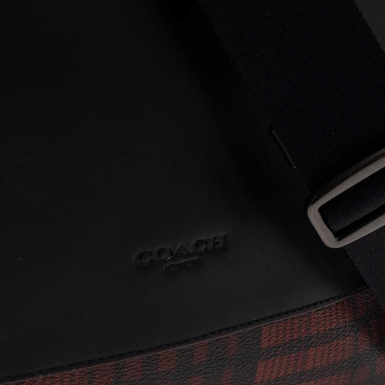 Pre Owned Coach Black/Red Plaid Print Coated Canvas and Leather Charles Messenger Bag