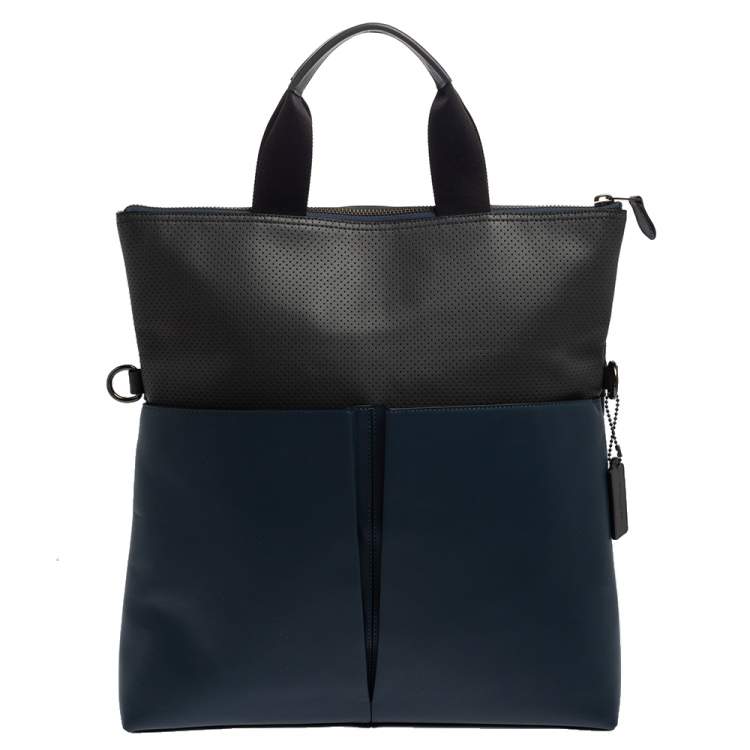 Pre Owned Coach Blue/Grey Perforated Leather Charles Foldover Tote 