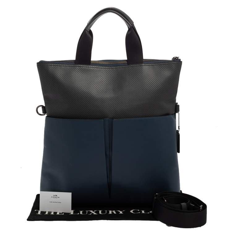 Pre Owned Coach Blue/Grey Perforated Leather Charles Foldover Tote 