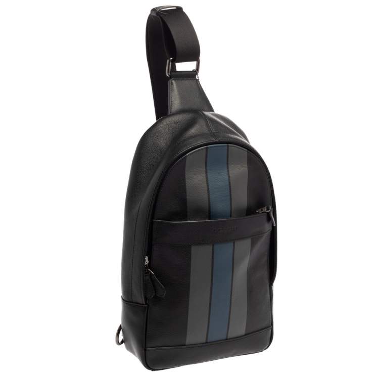 Pre Owned Coach Black Leather and Mesh Varsity Stripe Charles Pack Sling Backpack