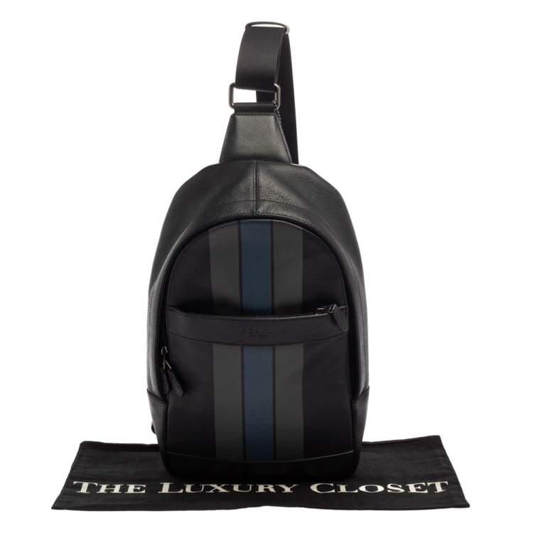 Pre Owned Coach Black Leather and Mesh Varsity Stripe Charles Pack Sling Backpack
