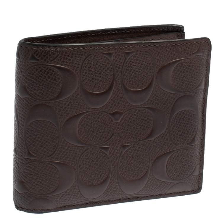 Pre Owned Coach Dark Brown Signature Leather ID Compact Bifold Wallet