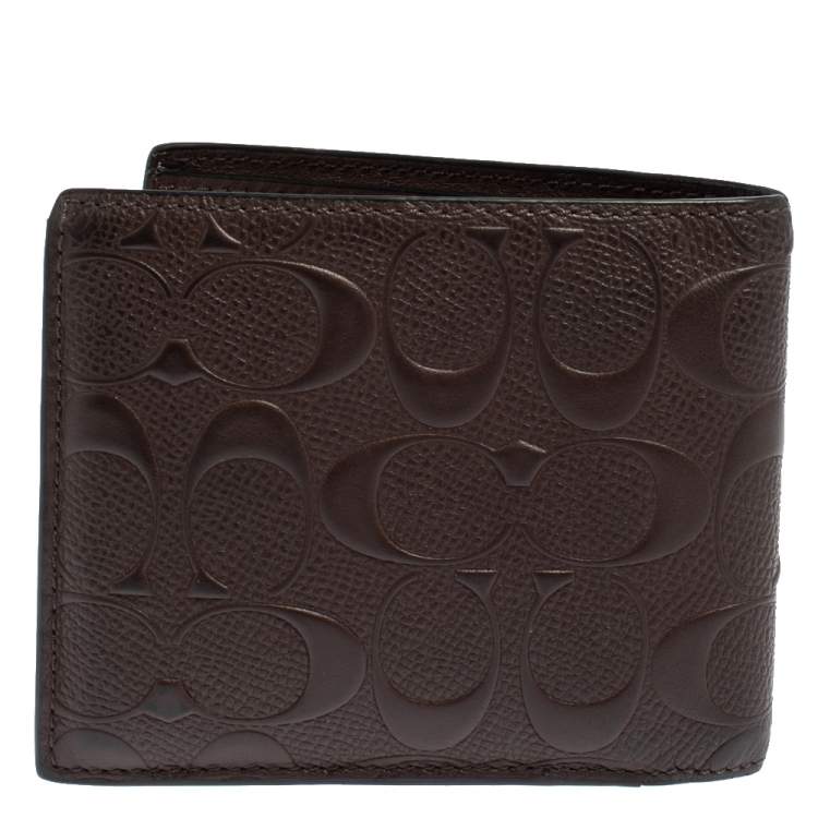 Pre Owned Coach Dark Brown Signature Leather ID Compact Bifold Wallet