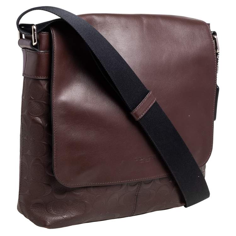 Pre Owned Coach Brown Signature Embossed Leather Charles Messenger Bag