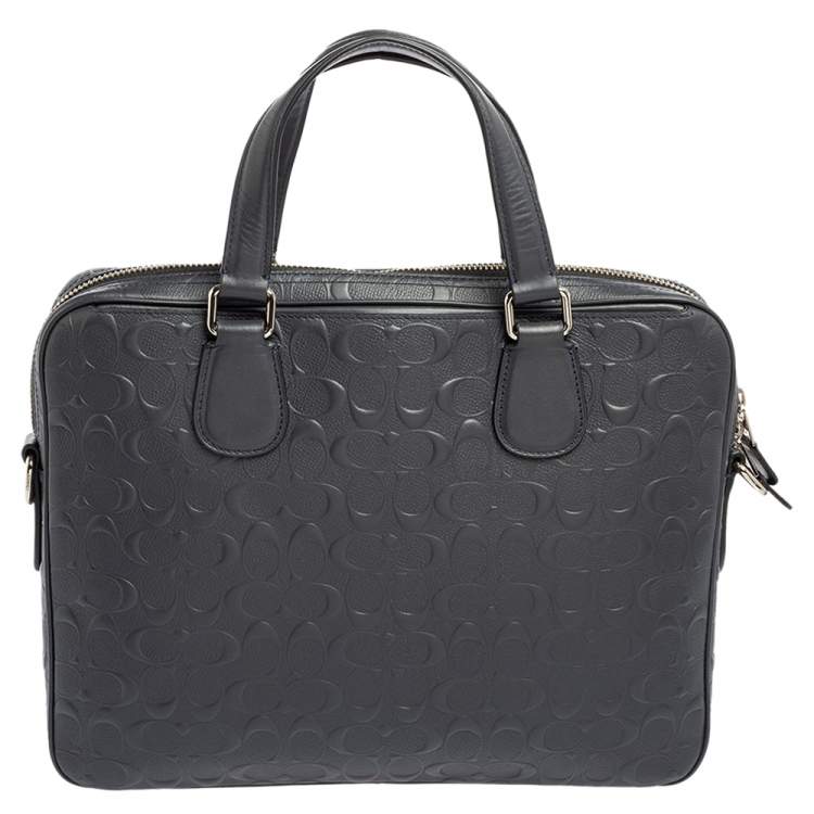 Pre Owned Coach Navy Blue Signature Embossed Leather Hudson Briefcase 