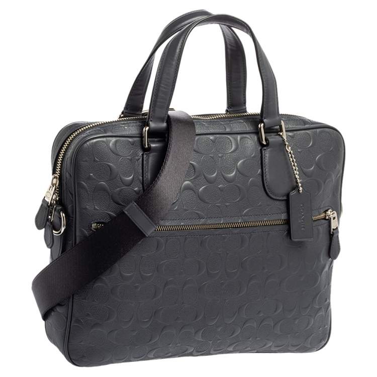 Pre Owned Coach Navy Blue Signature Embossed Leather Hudson Briefcase 