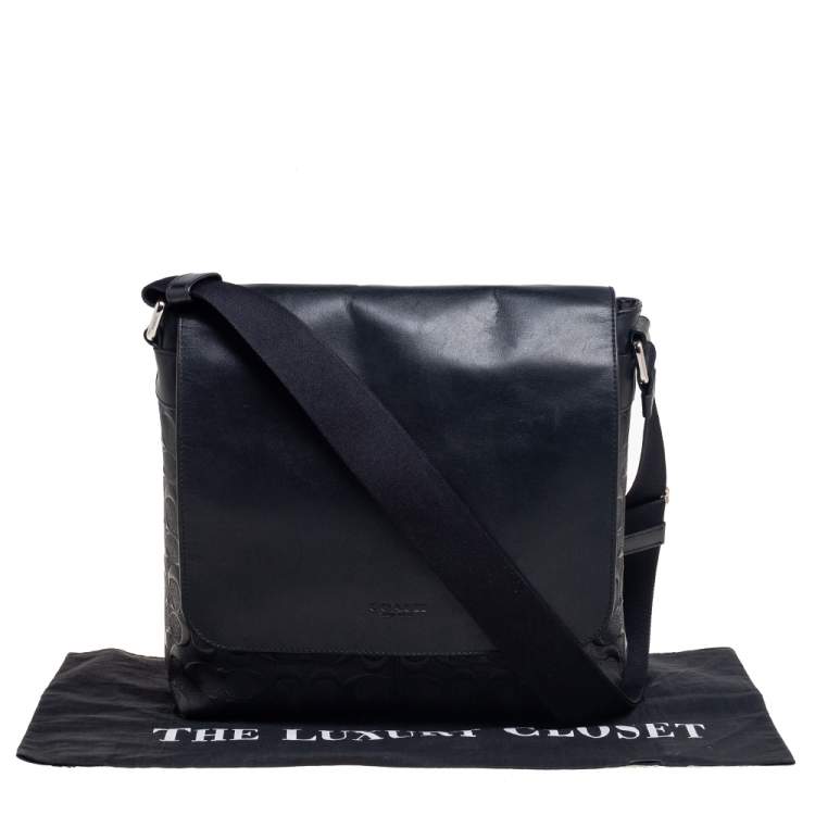 Pre Owned Coach Black Signature Embossed Leather Charles Flap Messenger Bag