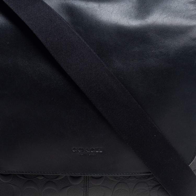 Pre Owned Coach Black Signature Embossed Leather Charles Flap Messenger Bag
