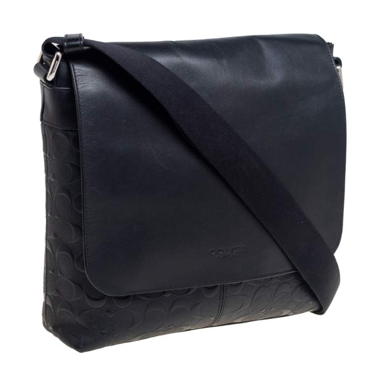 Pre Owned Coach Black Signature Embossed Leather Charles Flap Messenger Bag