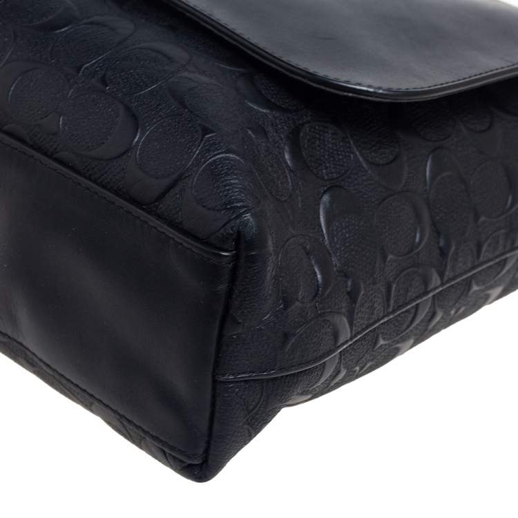 Pre Owned Coach Black Signature Embossed Leather Charles Flap Messenger Bag