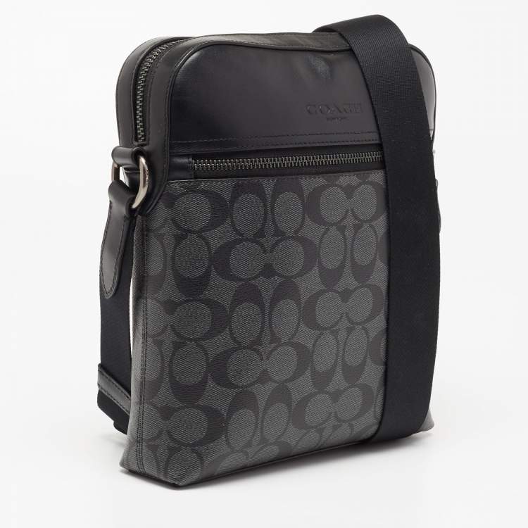 Pre Owned Coach Black/Grey Signature Coated Canvas and Leather Houston Flight Messenger Bag