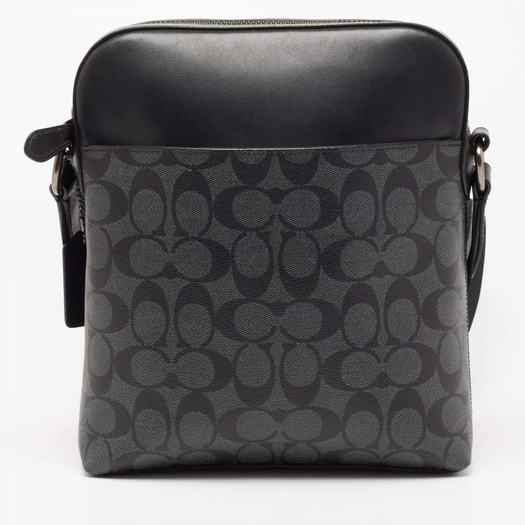 Pre Owned Coach Black/Grey Signature Coated Canvas and Leather Houston Flight Messenger Bag