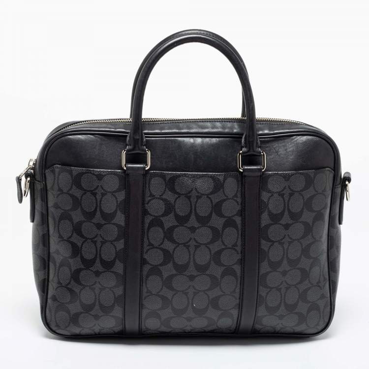 Pre Owned Coach Black Signature Coated Canvas and Leather Perry Slim Laptop Bag