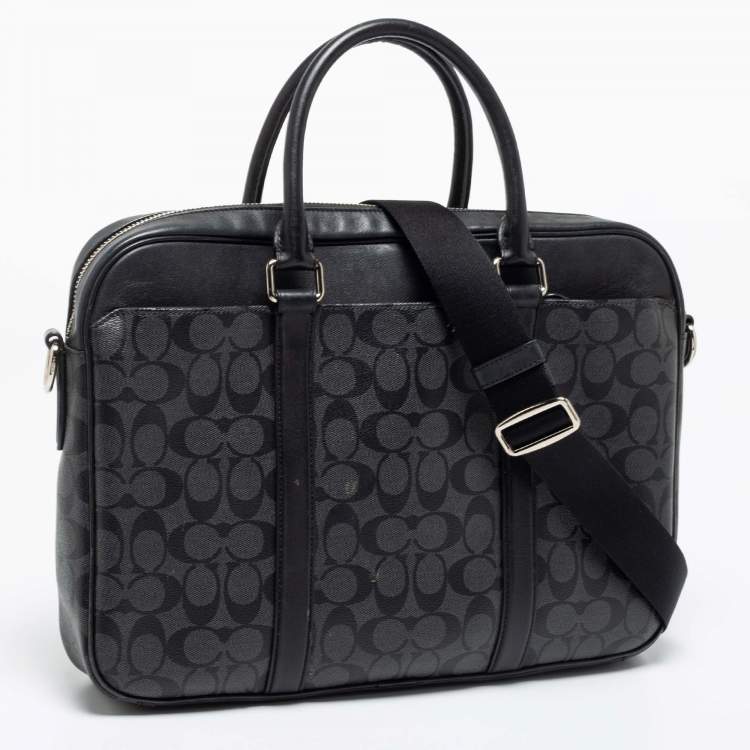Pre Owned Coach Black Signature Coated Canvas and Leather Perry Slim Laptop Bag