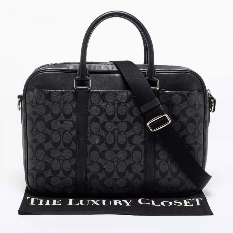 Pre Owned Coach Black Signature Coated Canvas and Leather Perry Slim Laptop Bag