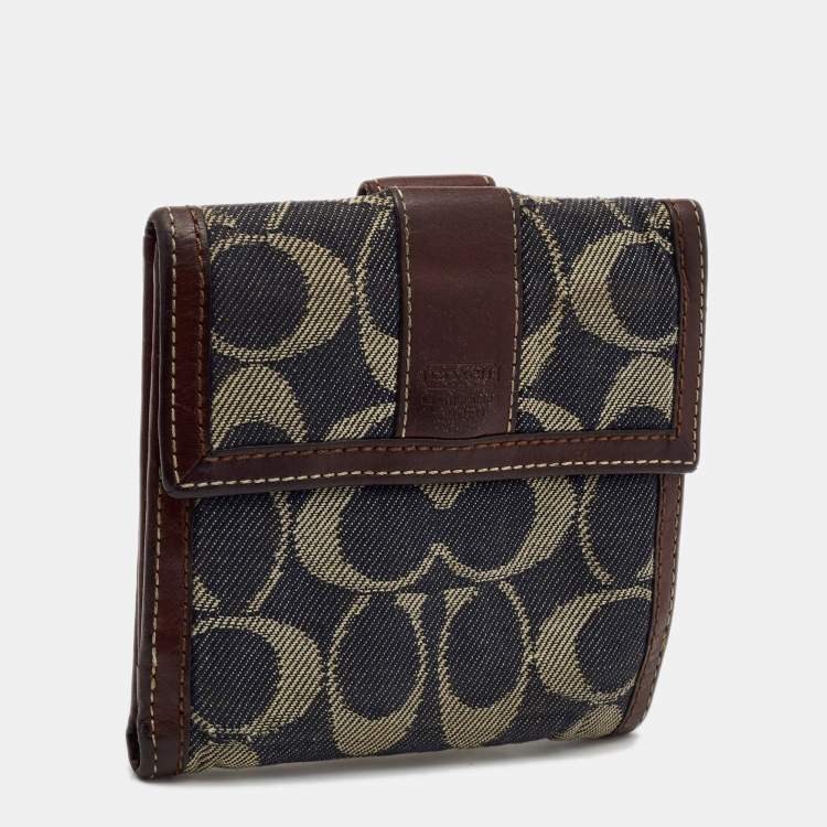 Pre Owned Coach Brown/Blue Signature Denim and Leather French Flap Compact