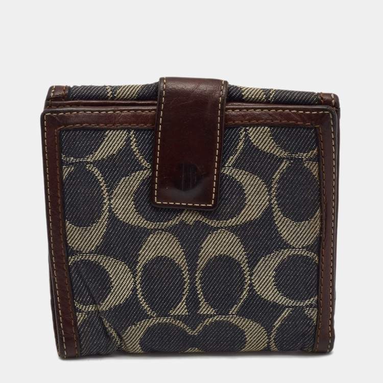 Pre Owned Coach Brown/Blue Signature Denim and Leather French Flap Compact