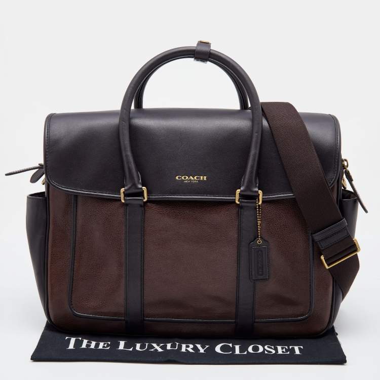 Pre Owned Coach Two Tone Dark Brown Leather Commuter Briefcase 