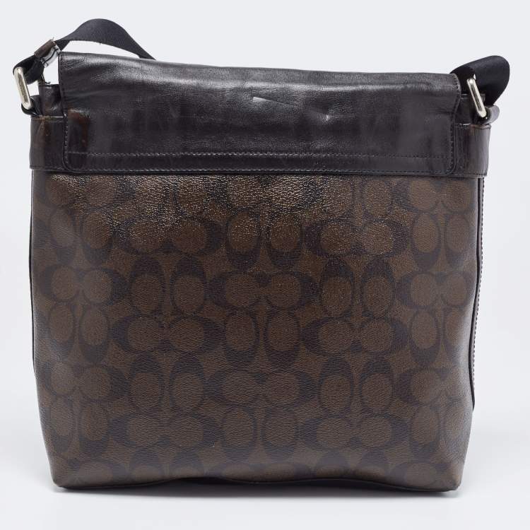 Pre Owned Coach Black/Brown Signature Coated Canvas and Leather Charles Messenger Bag