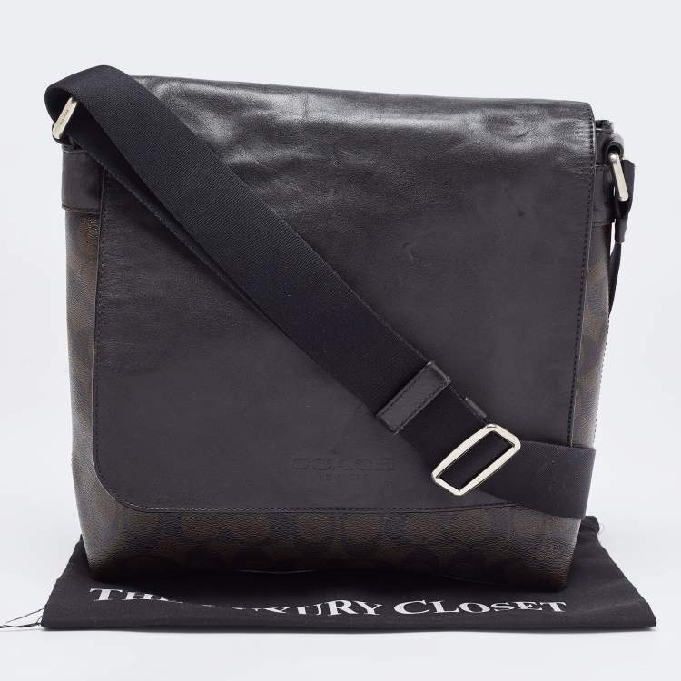 Pre Owned Coach Black/Brown Signature Coated Canvas and Leather Charles Messenger Bag