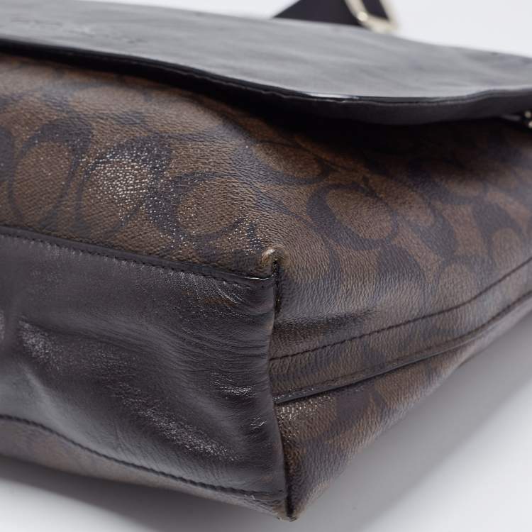 Pre Owned Coach Black/Brown Signature Coated Canvas and Leather Charles Messenger Bag