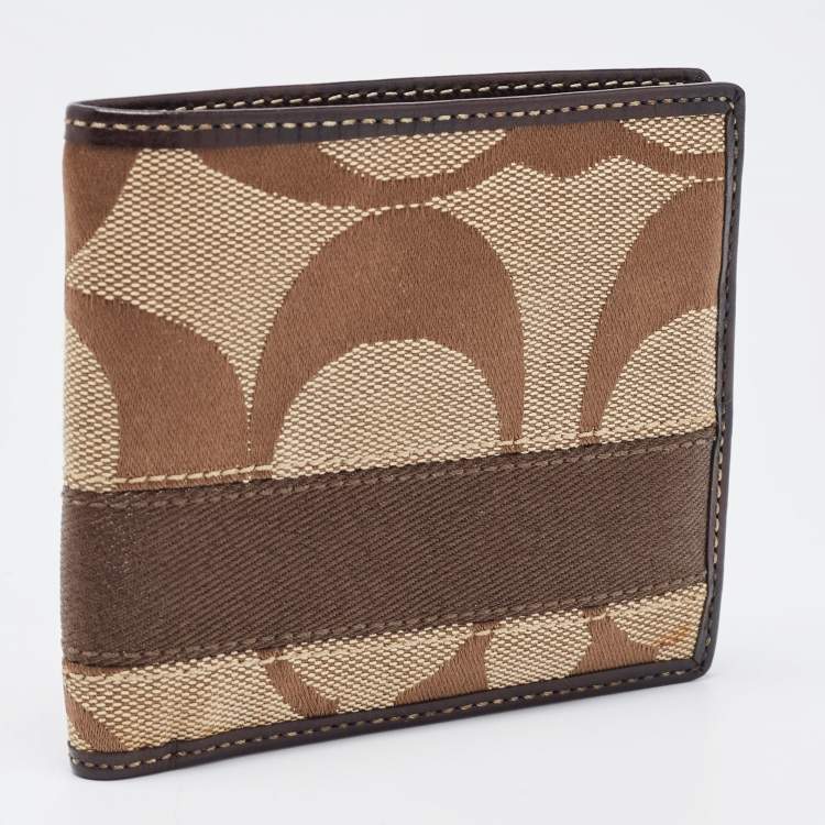 Pre Owned Coach Beige/Brown Signature Canvas Compact Bifold Wallet    