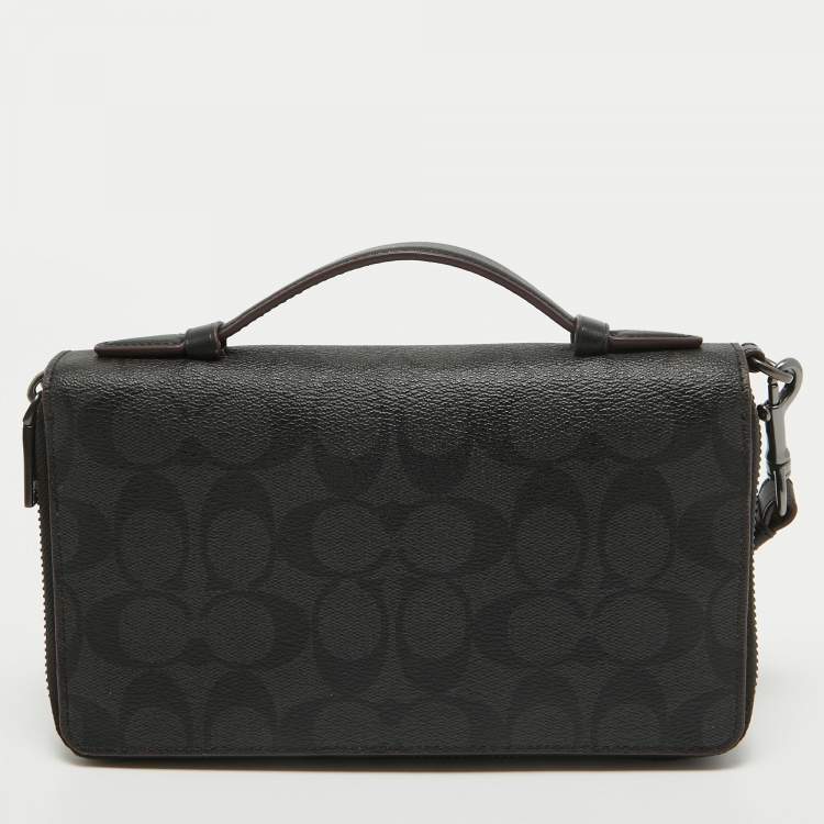 Pre Owned Coach Grey/Black Signature Canvas and Leather Zip Wristlet Pouch