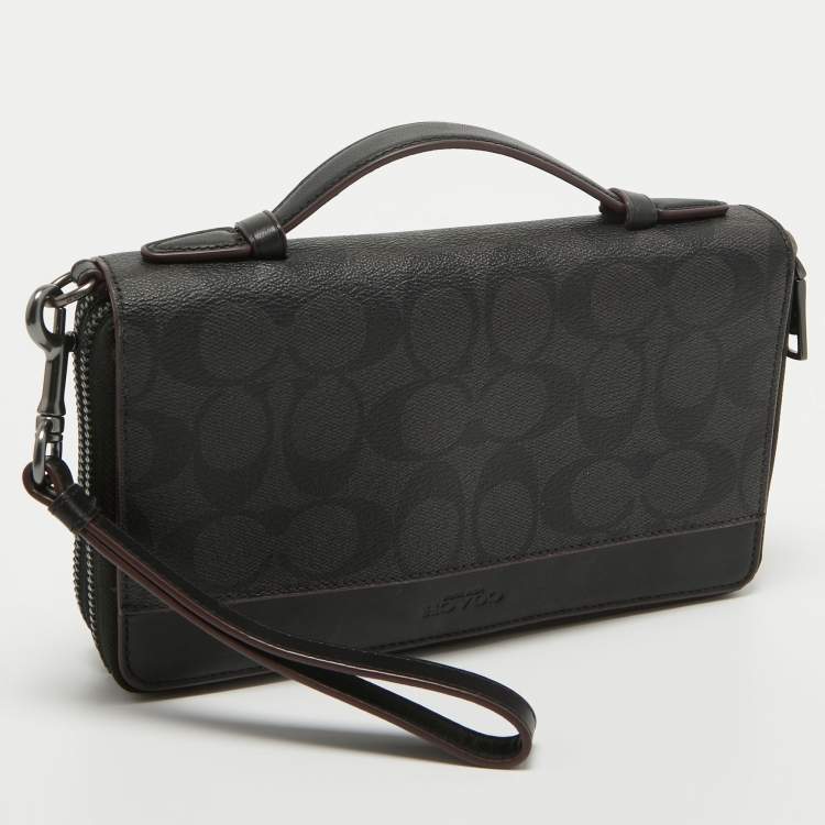Pre Owned Coach Grey/Black Signature Canvas and Leather Zip Wristlet Pouch