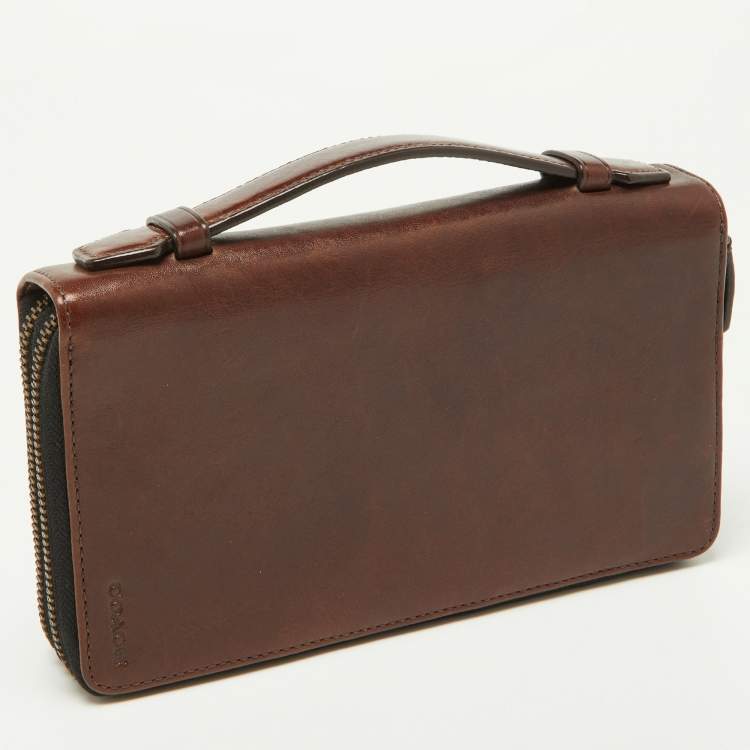 Pre Owned Coach Brown Leather Double Zip Travel Organizer 