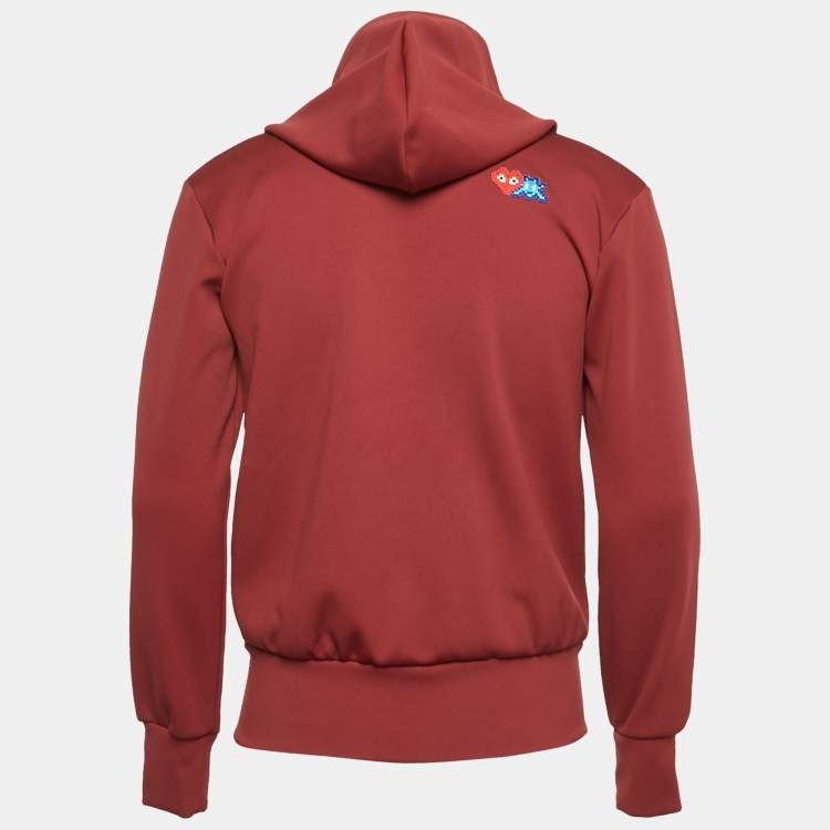 Pre Owned Comme des Garcons PLAY Dark Red Jersey Zip-Up Invader Hooded Sweatshirt S