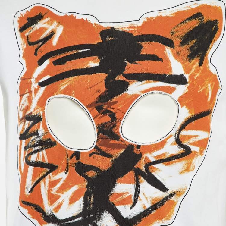 Pre Owned Comme des Garcons White Tiger Printed Cotton Knit Cutout Detail T-Shirt S
