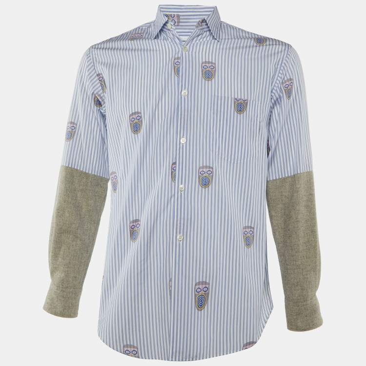 Pre Owned Comme des Garçons White & Blue Striped Contrast Sleeve Detail Shirt XS