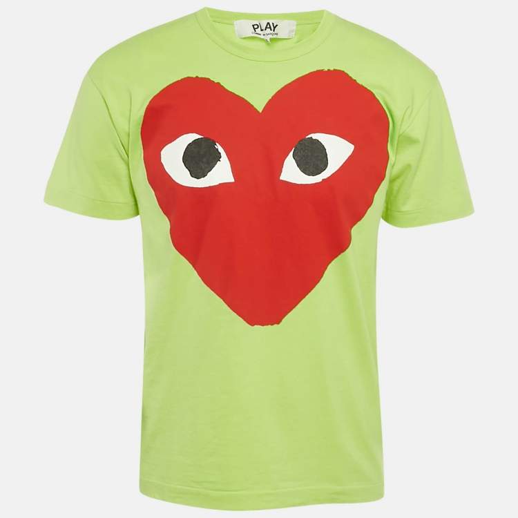 Pre Owned Comme des Garcons PLAY Green Heart Eyes Printed Cototn Knit T-Shirt XL