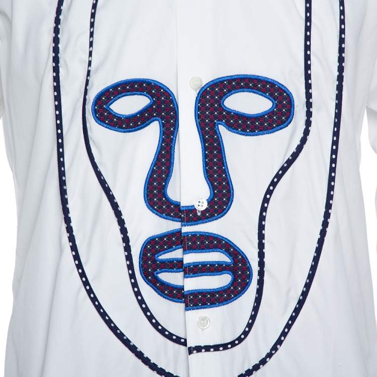 Pre Owned Comme des Garcons White Cotton Face Motif Embroidered Shirt S
