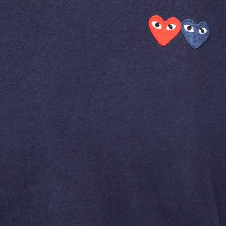 Pre Owned Comme des Garcons Play Navy Blue Heart Appliqued Cotton Crew Neck T-Shirt XL