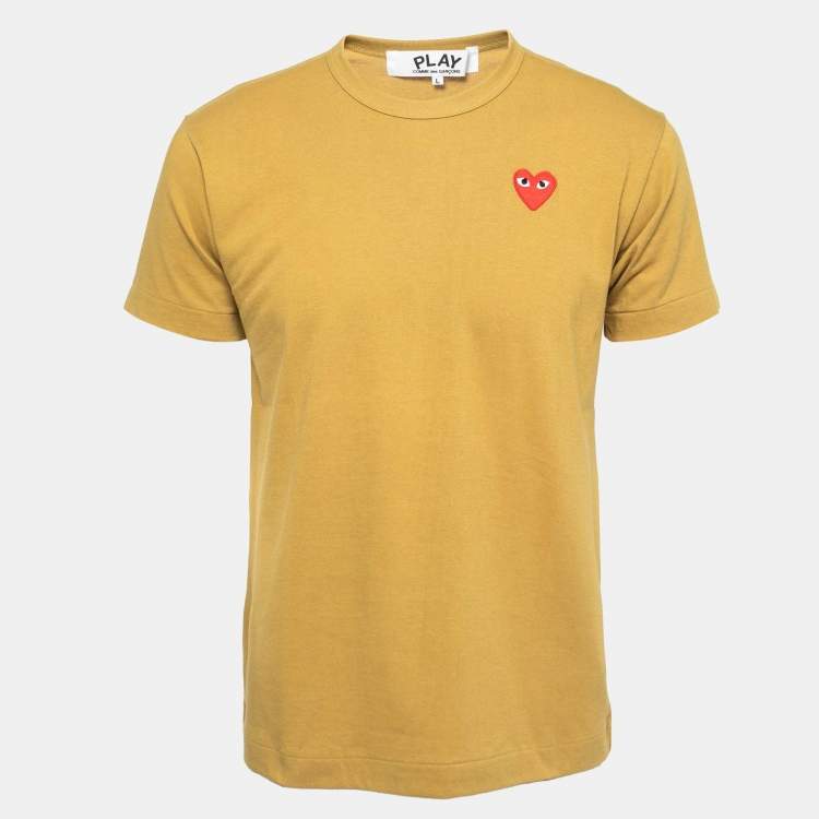 Pre Owned Comme des Garcons Play Ochre Heart Patch Cotton Crew Neck T-Shirt L