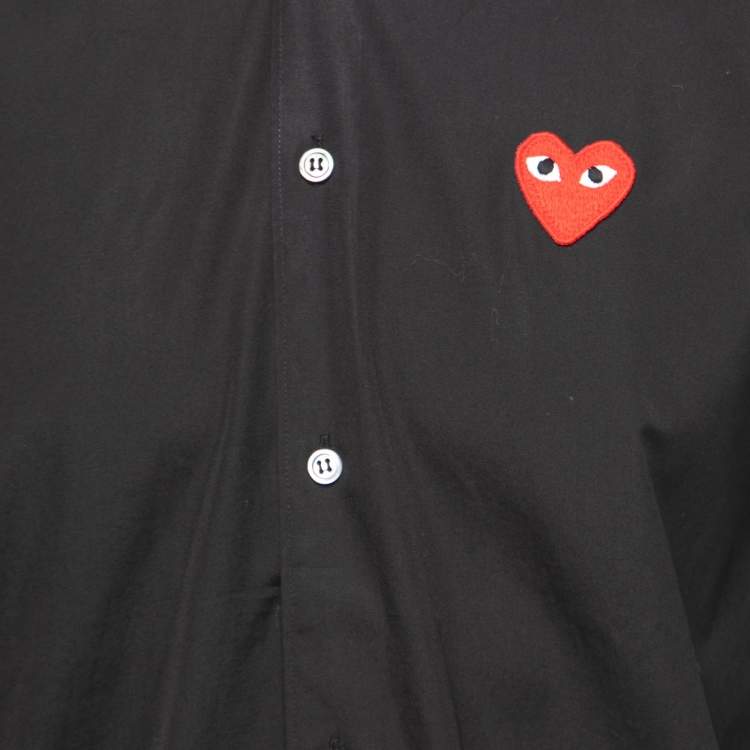 Pre Owned Comme des Garçons Black Cotton Heart Applique Button Front Shirt M