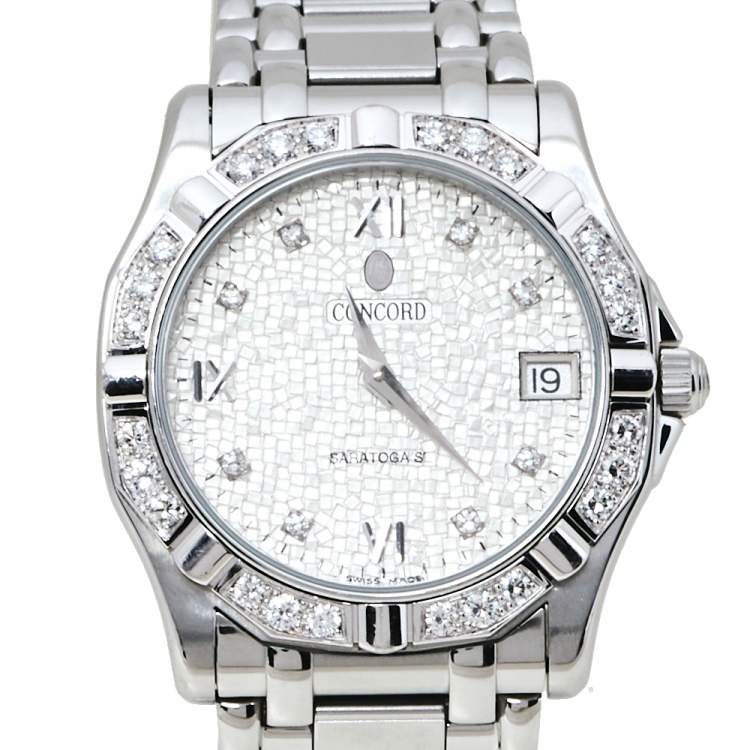 Pre Owned Concord Silver Mosaic Diamonds Stainless Steel Saratoga SL 13.C2.230 Men's Wristwatch 34mm