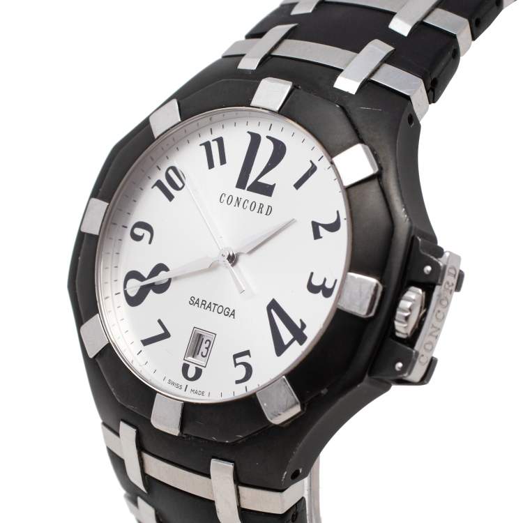 Pre Owned Concord Silver PVD Stainless Steel Rubber Saratoga 14.P1.1895.1 Men's Wristwatch 43 mm