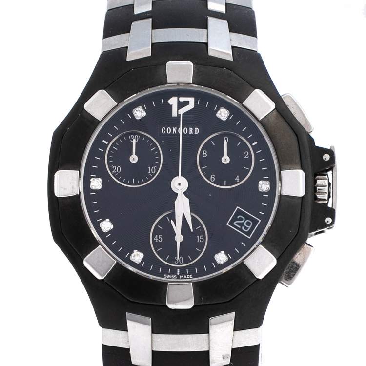 Pre Owned Concord Black Stainless Steel & Rubber Saratoga 14.H1.1881.1 Chrono Men's Wristwatch 33 mm