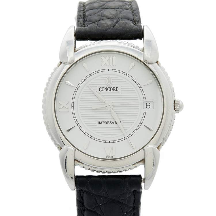 Pre Owned Concord White Stainless Steel Leather Impresario 14.C2.212 Men's Wristwatch 34 mm