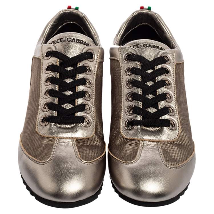 Pre Owned Dolce & Gabbana Metallic Bronze Leather And Fabric Low Top Sneakers Size 44