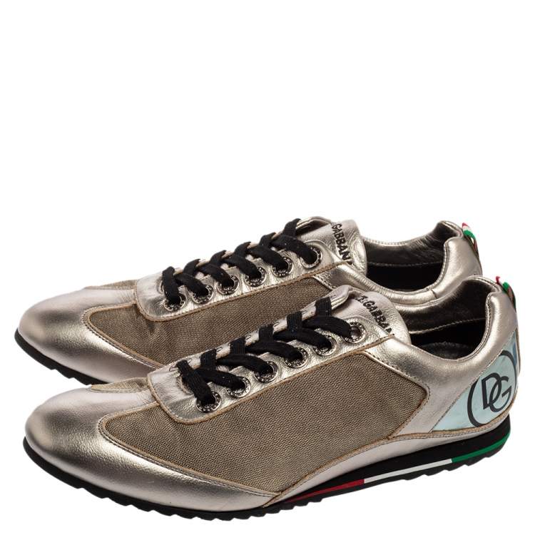 Pre Owned Dolce & Gabbana Metallic Bronze Leather And Fabric Low Top Sneakers Size 44