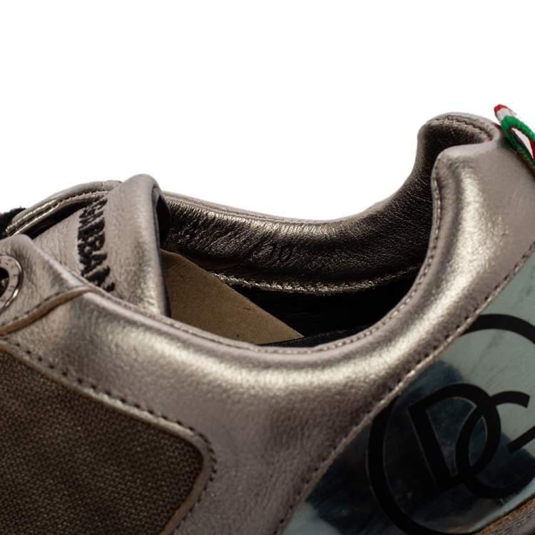 Pre Owned Dolce & Gabbana Metallic Bronze Leather And Fabric Low Top Sneakers Size 44