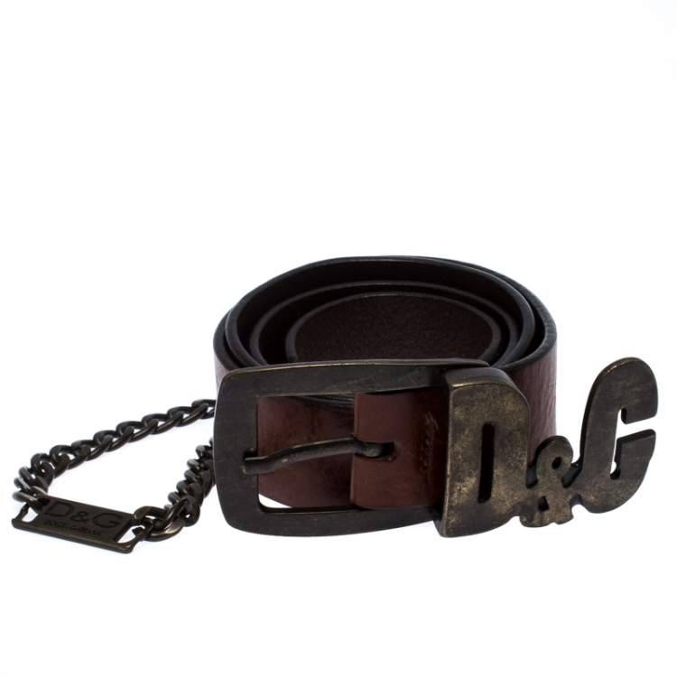 Pre Owned D&G Brown Leather Chain Detail Logo Buckle Belt 95CM