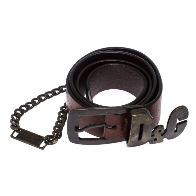 Pre Owned D&G Brown Leather Chain Detail Logo Buckle Belt 95CM
