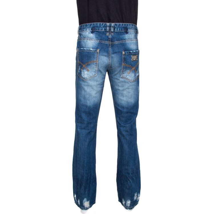 Pre Owned D & G Indigo Medium Washed Denim Distressed Straight Fit Jeans XL