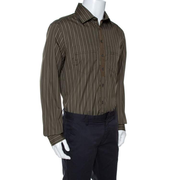 Pre Owned D & G Khaki Green Striped Cotton Slim Fit Shirt XXL